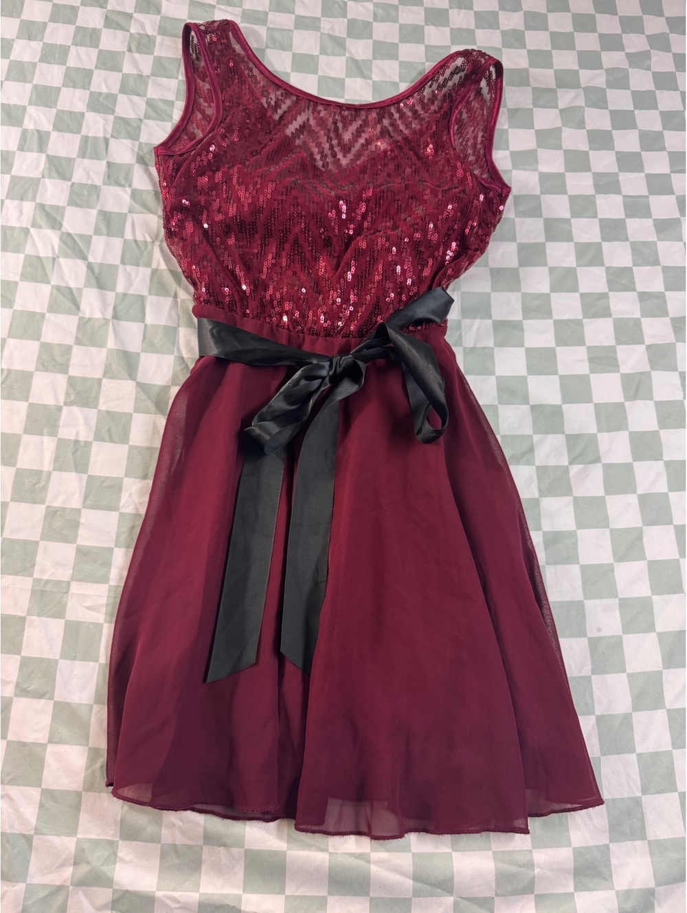 Roberta Burgundy Sequin Mesh Dress with Black Satin Waist Tie Medium